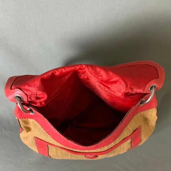 FOSSIL Red Leather Strap Tan Straw Woven Handbag Versatile - Picture 8 of 15